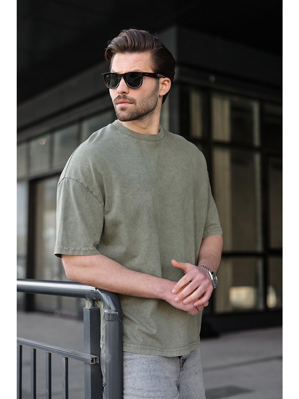 Haki %100 Pamuklu Oversize Erkek Tişört E7178-4