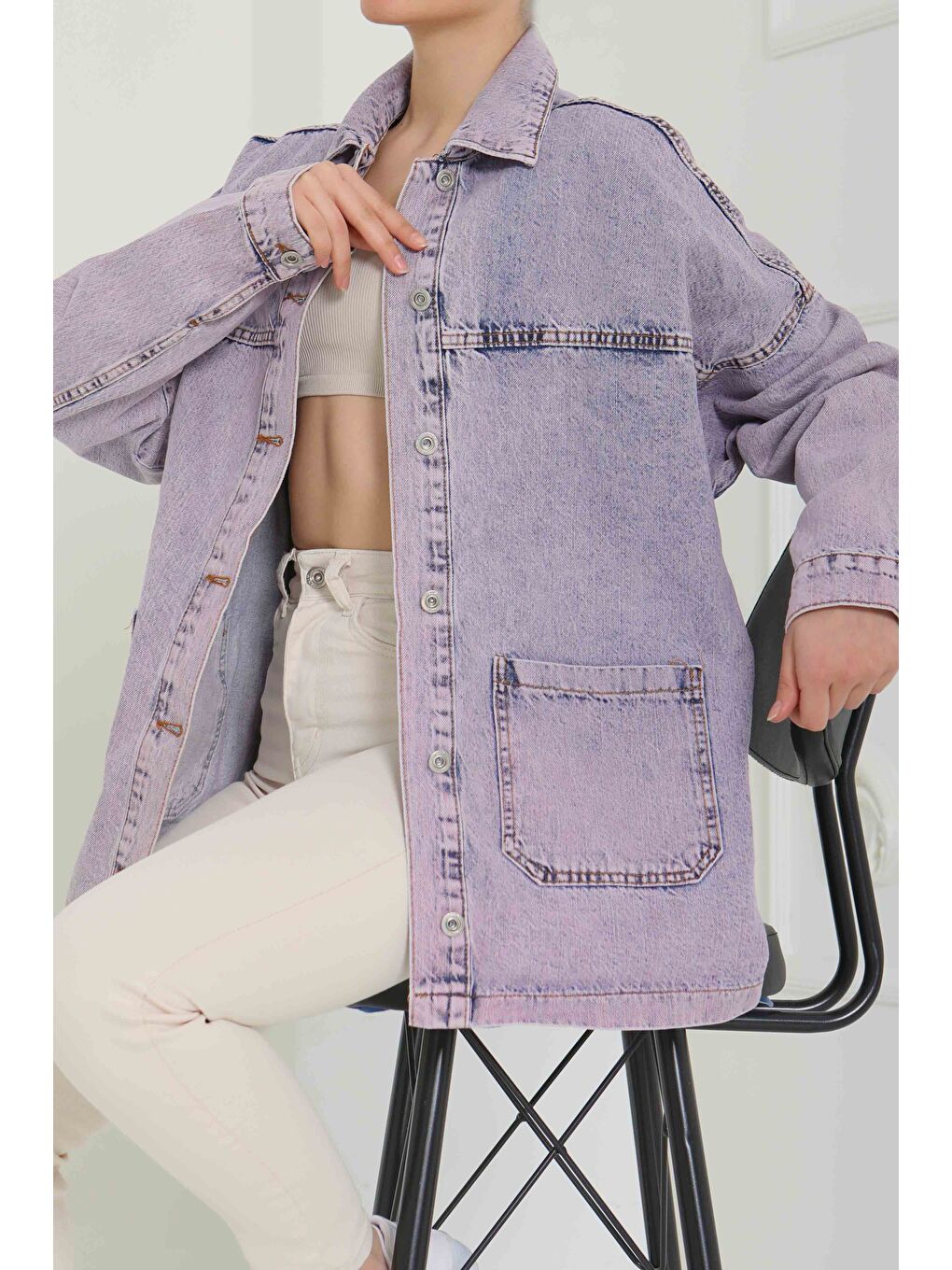 Kadın Kar Yıkama Çift Cepli Düğmeli Jean Ceket Lila   26657-4