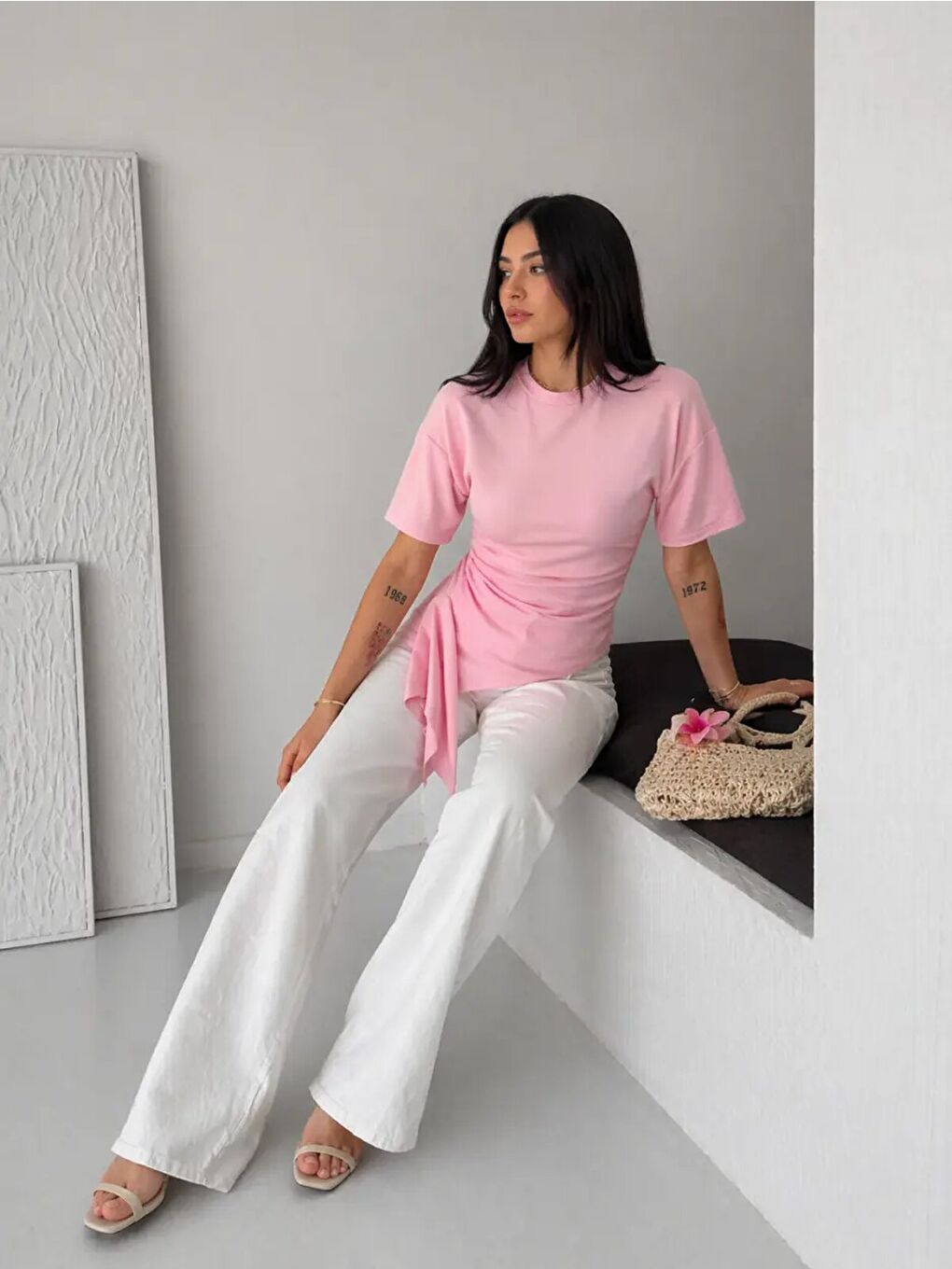 Pembe Asimetrik Drapeli Modern Basic Bluz-3