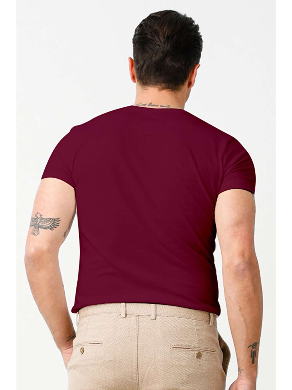 Bordo Dar Kalıp Bisiklet Yaka Düz Kısa Kollu %100 Pamuk Tişört-1