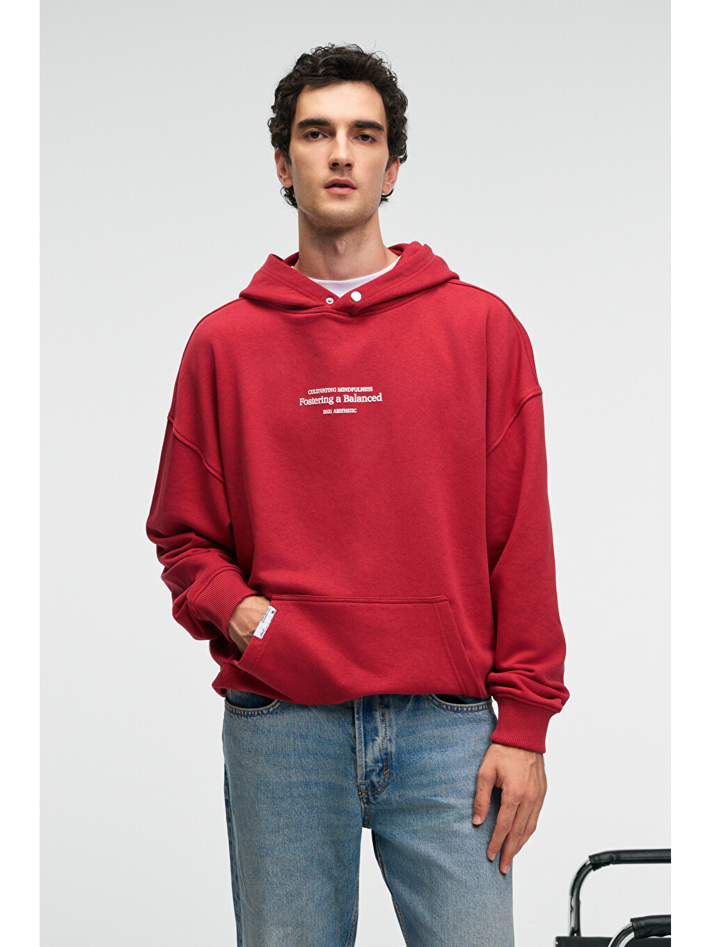 Clay Erkek %100 Pamuk Kapüşonlu Çıtçıtlı Baskılı Cebi Süs Etiketli Kırmızı Sweatshirt-1