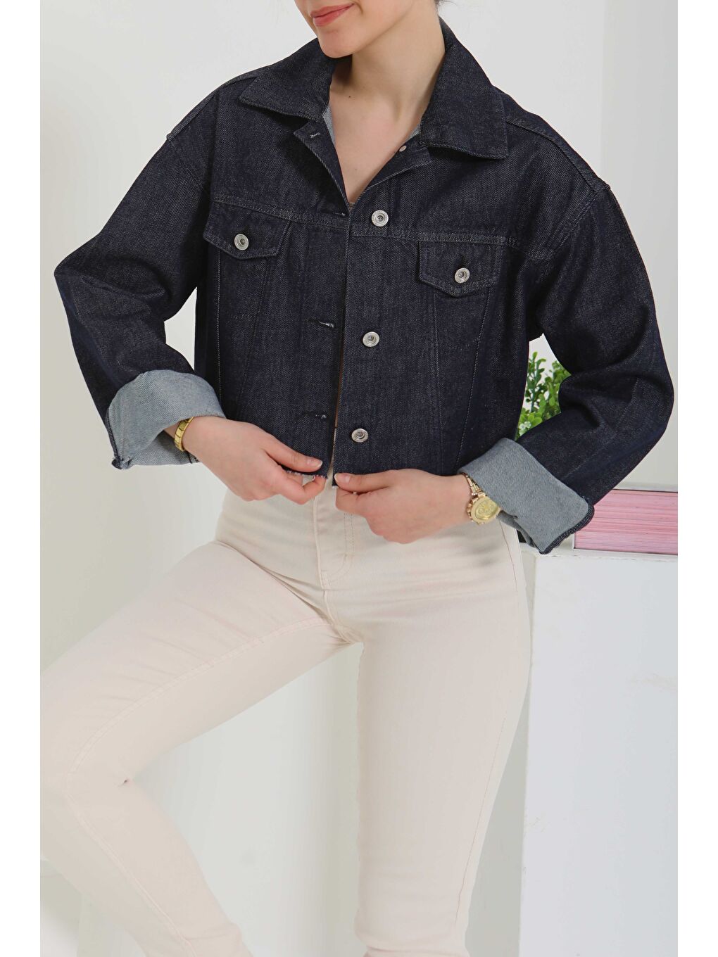 Kadın Çift Cepli Lazer Kesim Crop Jean Ceket Antrasit   26582-1