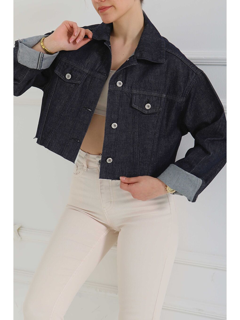 Kadın Çift Cepli Lazer Kesim Crop Jean Ceket Antrasit   26582-2