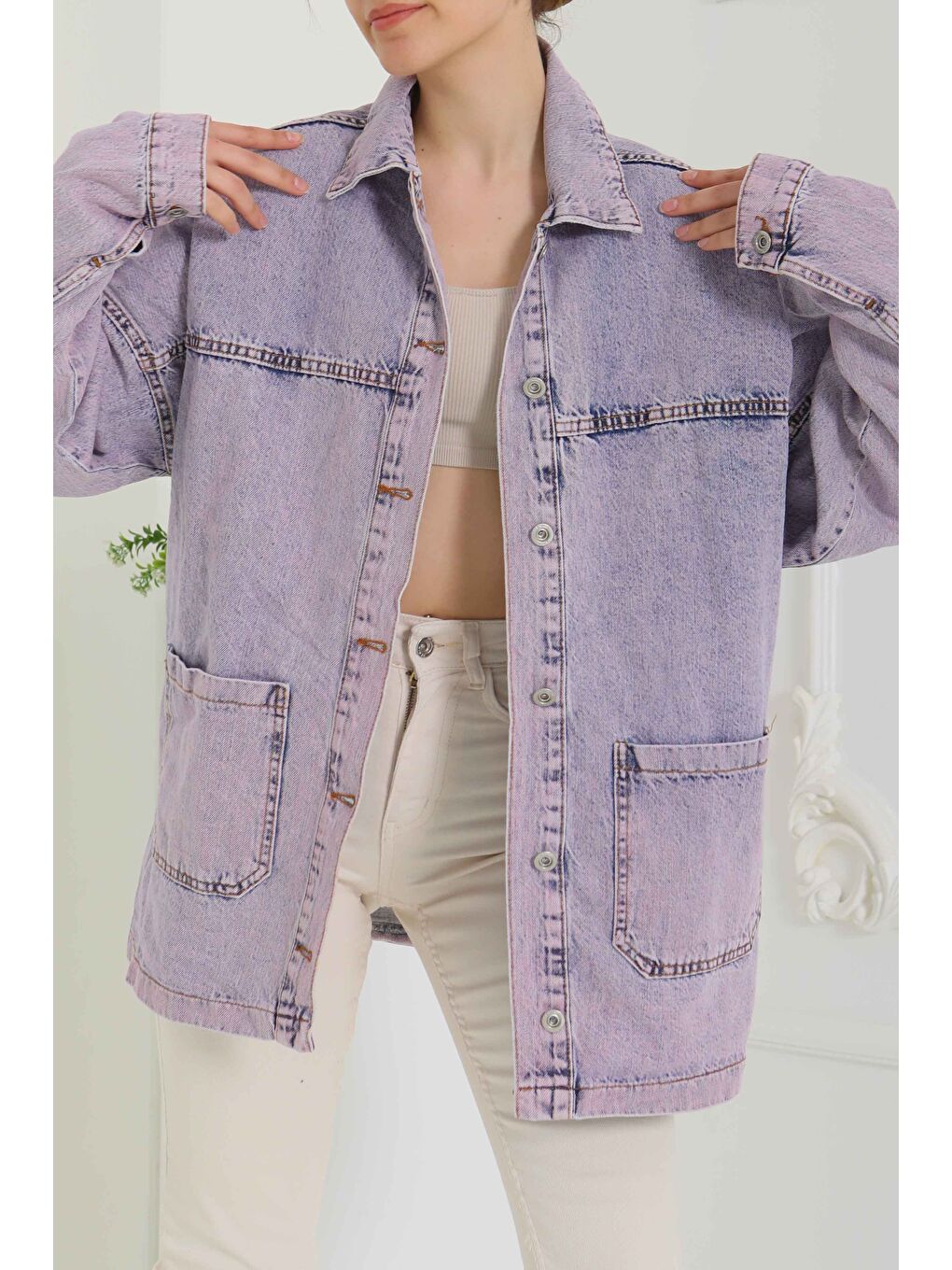 Kadın Kar Yıkama Çift Cepli Düğmeli Jean Ceket Lila   26657-5