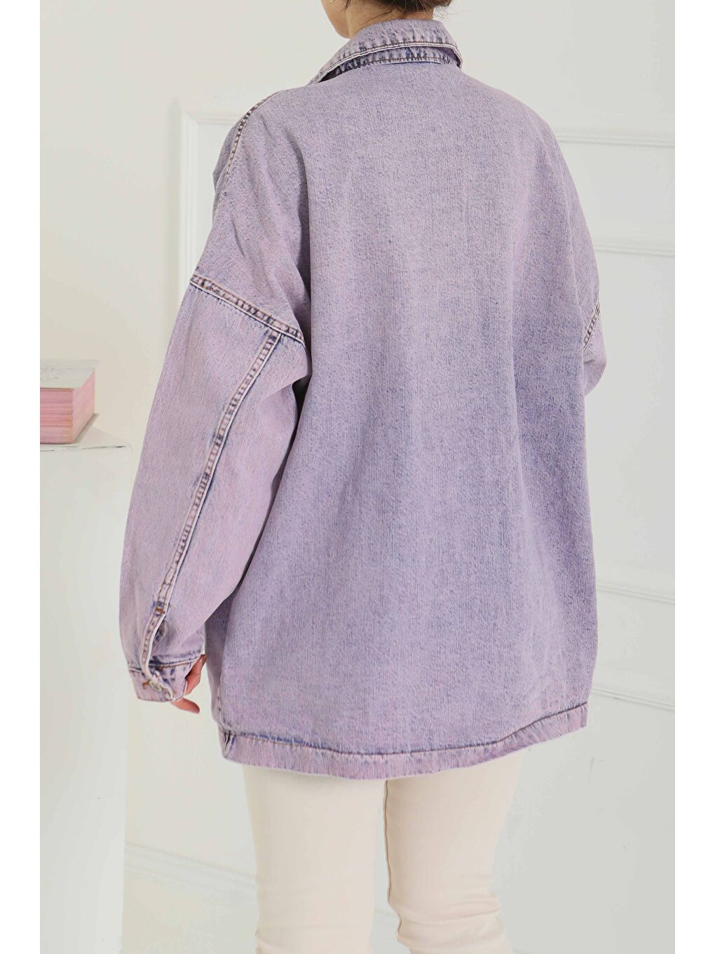 Kadın Kar Yıkama Çift Cepli Düğmeli Jean Ceket Lila   26657-6