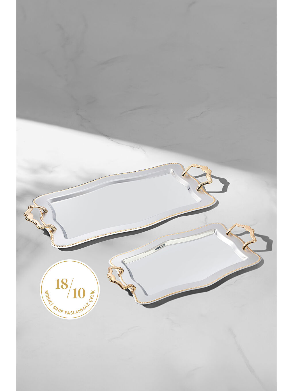 Sarı Zincir 2'li Altın Saten Çelik Tepsi Seti-3