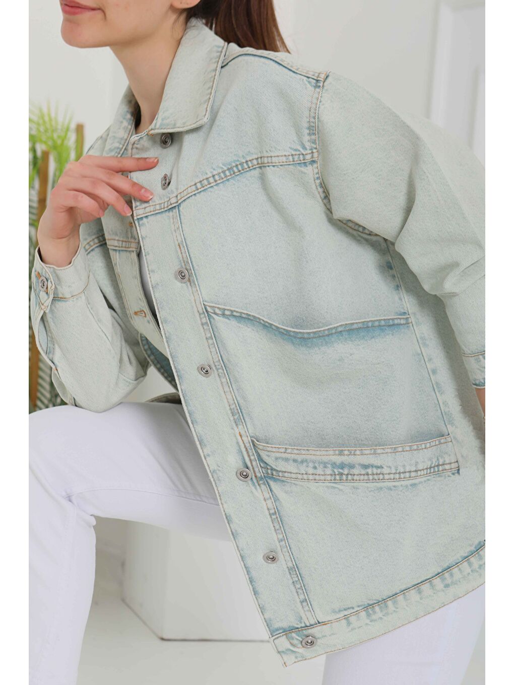 Yeşil Kadın Oversize Çift Cep Detaylı Jean Ceket Mint   26589