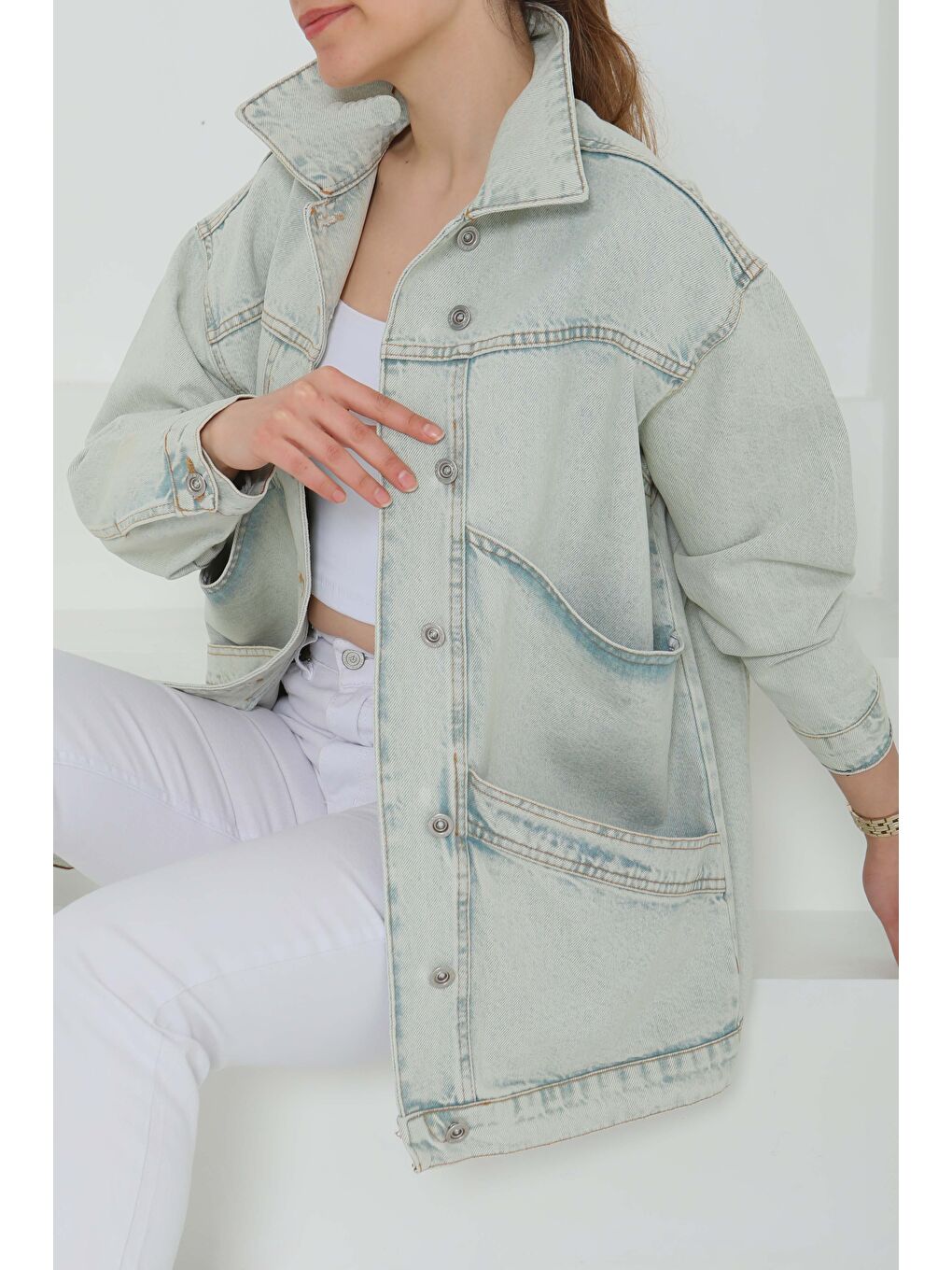 Yeşil Kadın Oversize Çift Cep Detaylı Jean Ceket Mint   26589-1