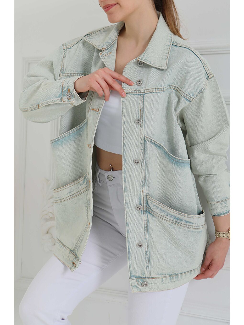 Yeşil Kadın Oversize Çift Cep Detaylı Jean Ceket Mint   26589-3
