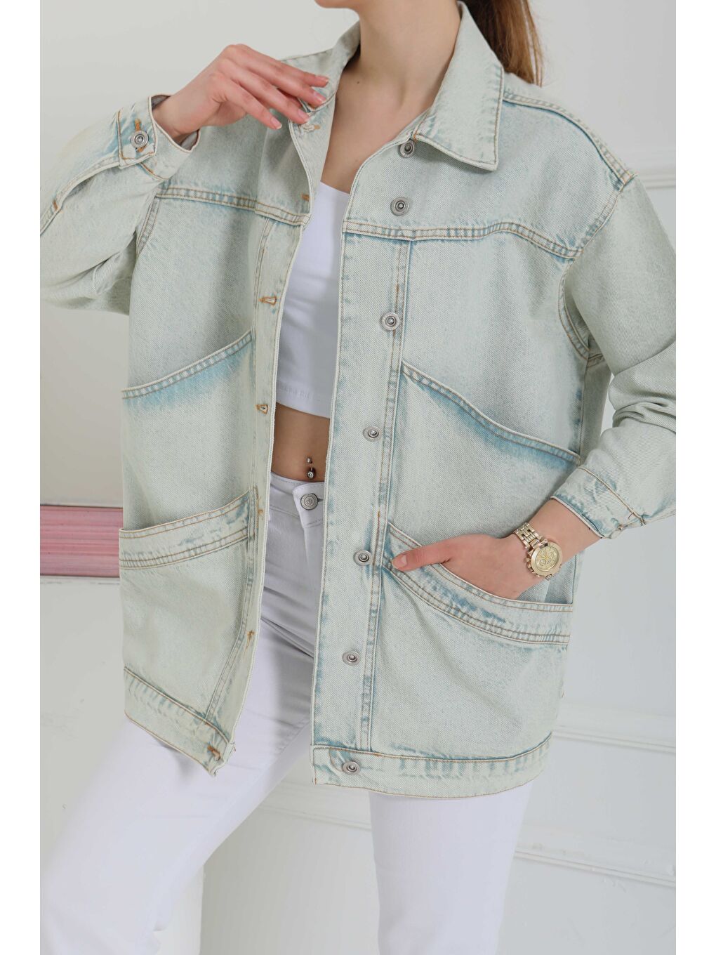 Yeşil Kadın Oversize Çift Cep Detaylı Jean Ceket Mint   26589-4