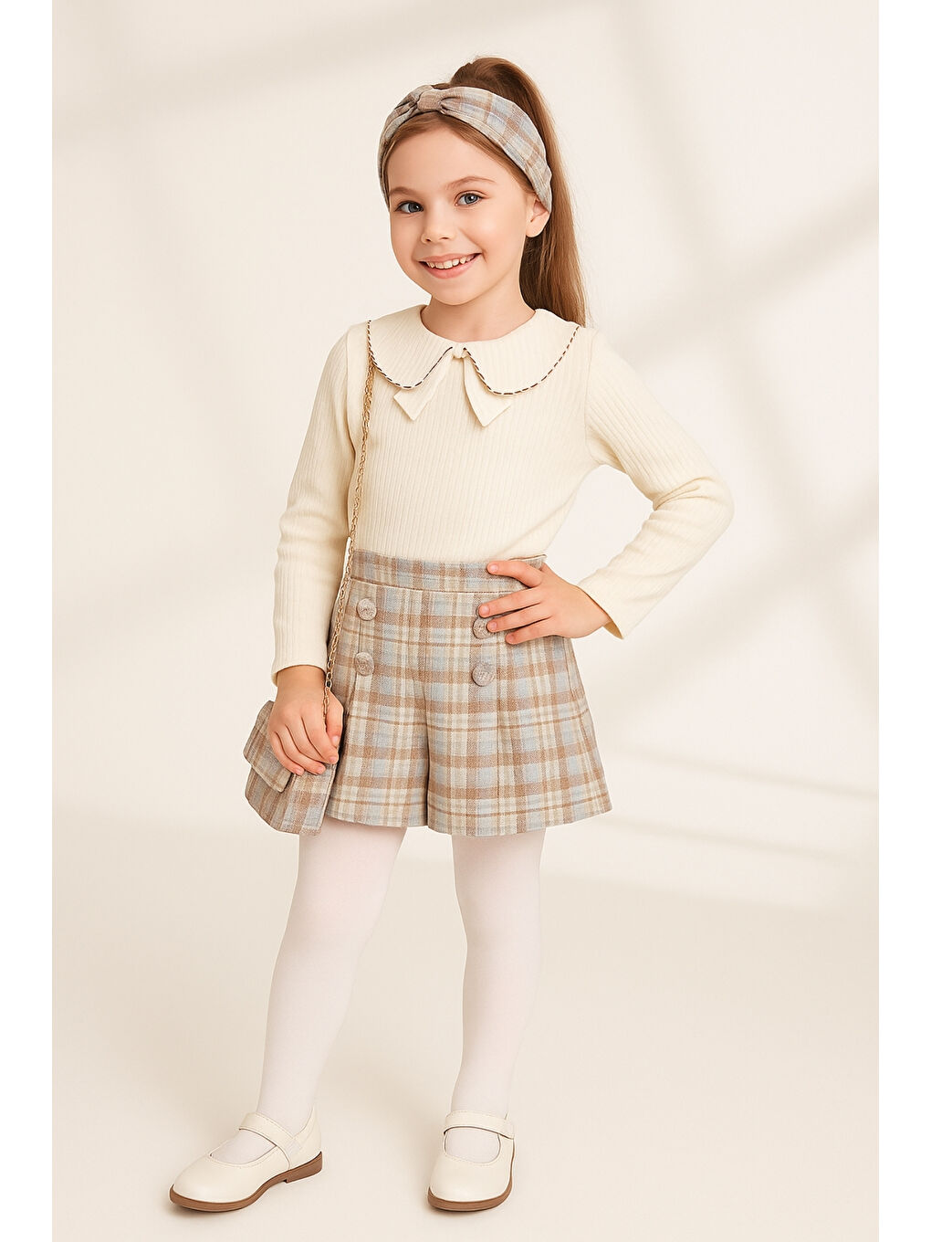 Ekru Kız Çocuk Fırfır Yakalı Bluz & Ekose Şort Etek 2 li Set Takım Ak4155