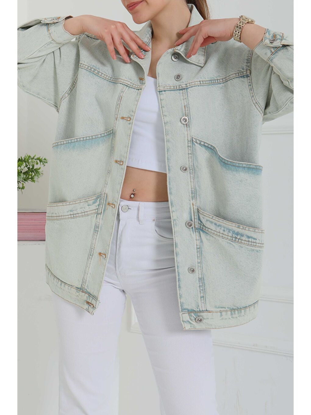 Yeşil Kadın Oversize Çift Cep Detaylı Jean Ceket Mint   26589-5