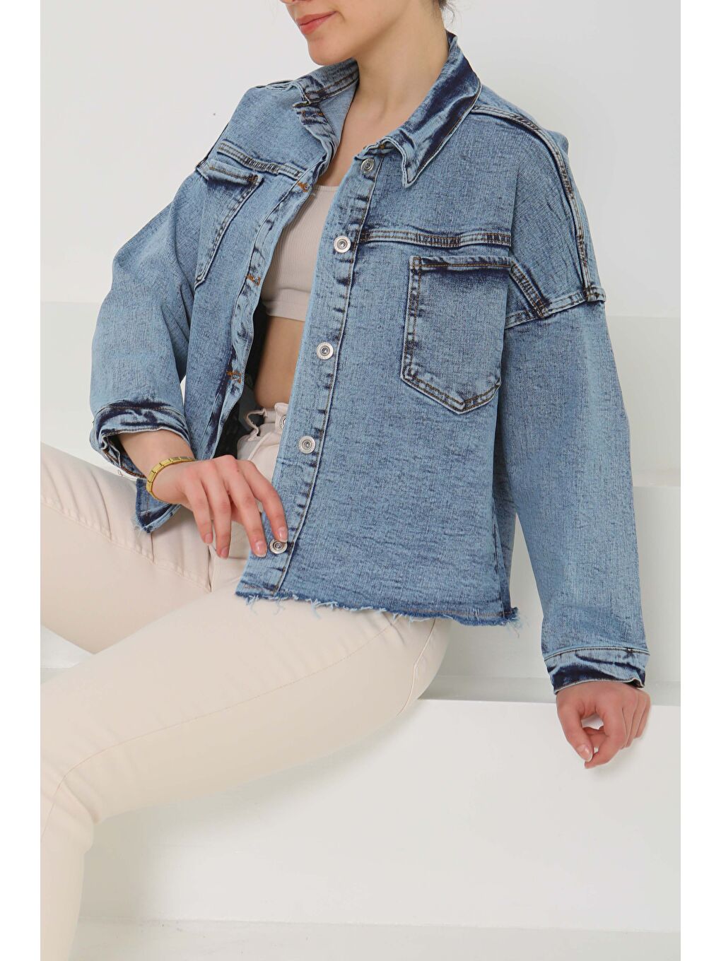 Kadın Oversize Püskül Detay Yaka Cep Jean Ceket Mavi   26580