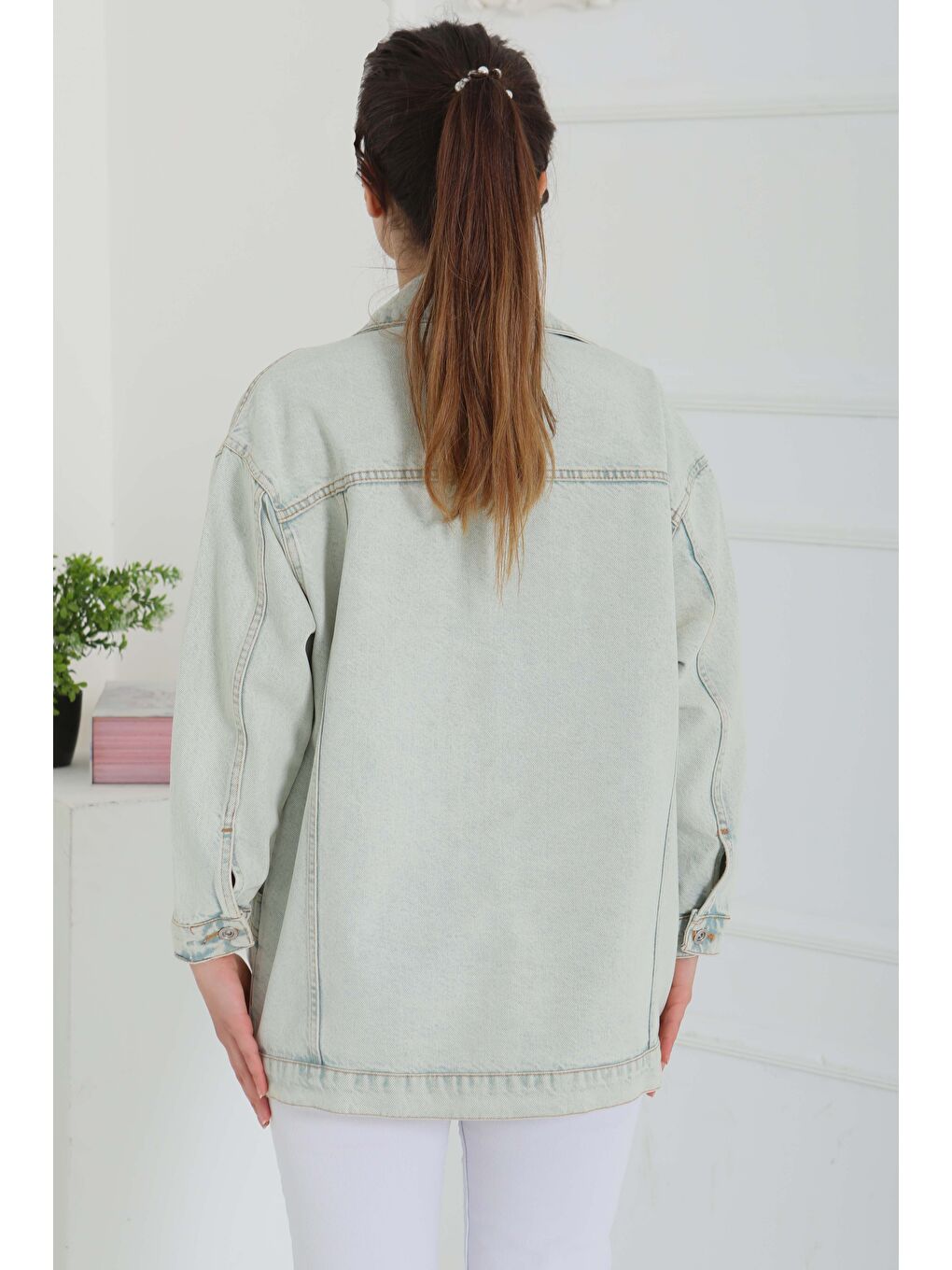Yeşil Kadın Oversize Çift Cep Detaylı Jean Ceket Mint   26589-6