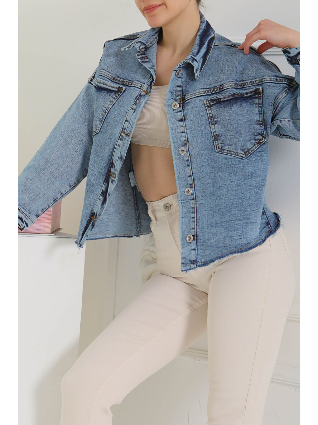 Kadın Oversize Püskül Detay Yaka Cep Jean Ceket Mavi   26580-1