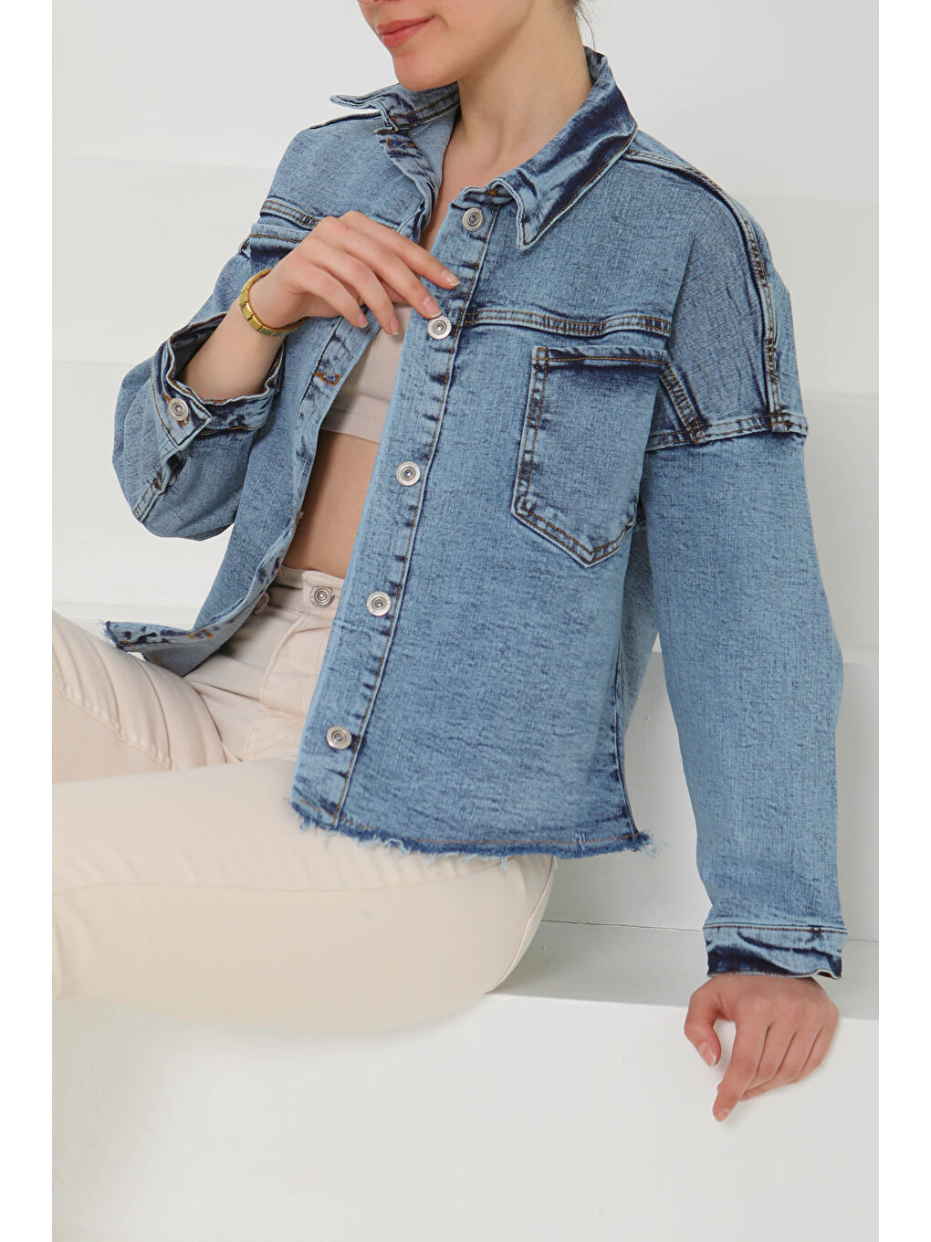 Kadın Oversize Püskül Detay Yaka Cep Jean Ceket Mavi   26580-2
