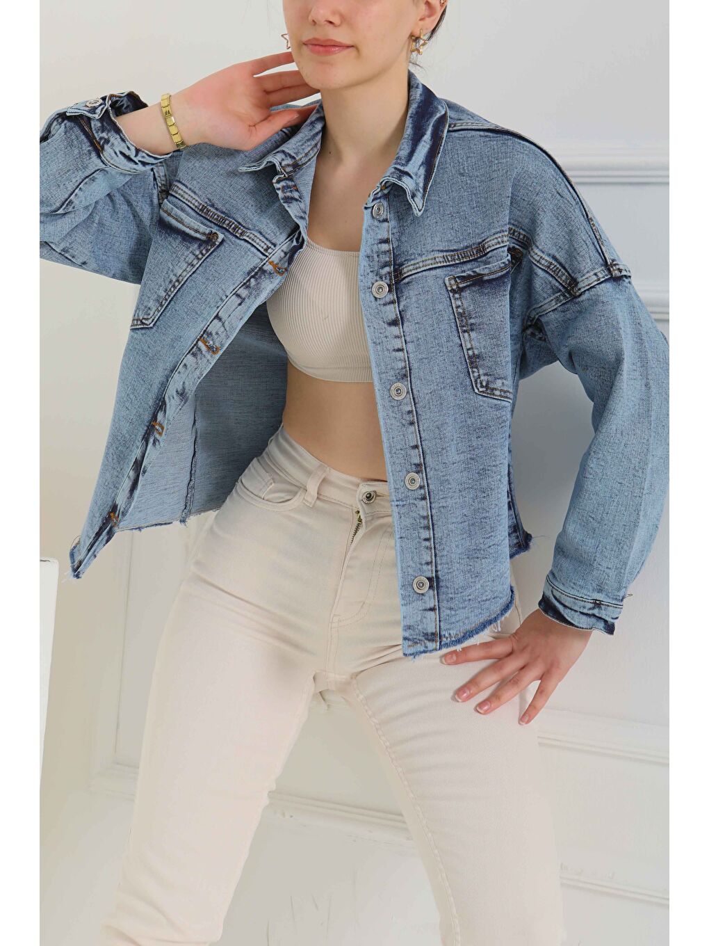 Kadın Oversize Püskül Detay Yaka Cep Jean Ceket Mavi   26580-3