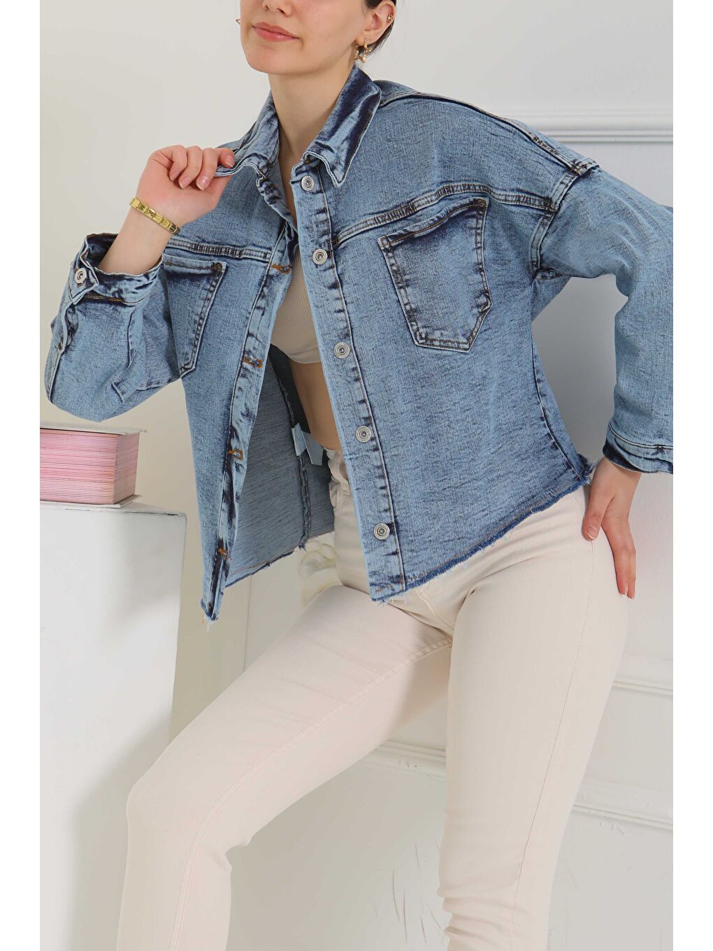 Kadın Oversize Püskül Detay Yaka Cep Jean Ceket Mavi   26580-4