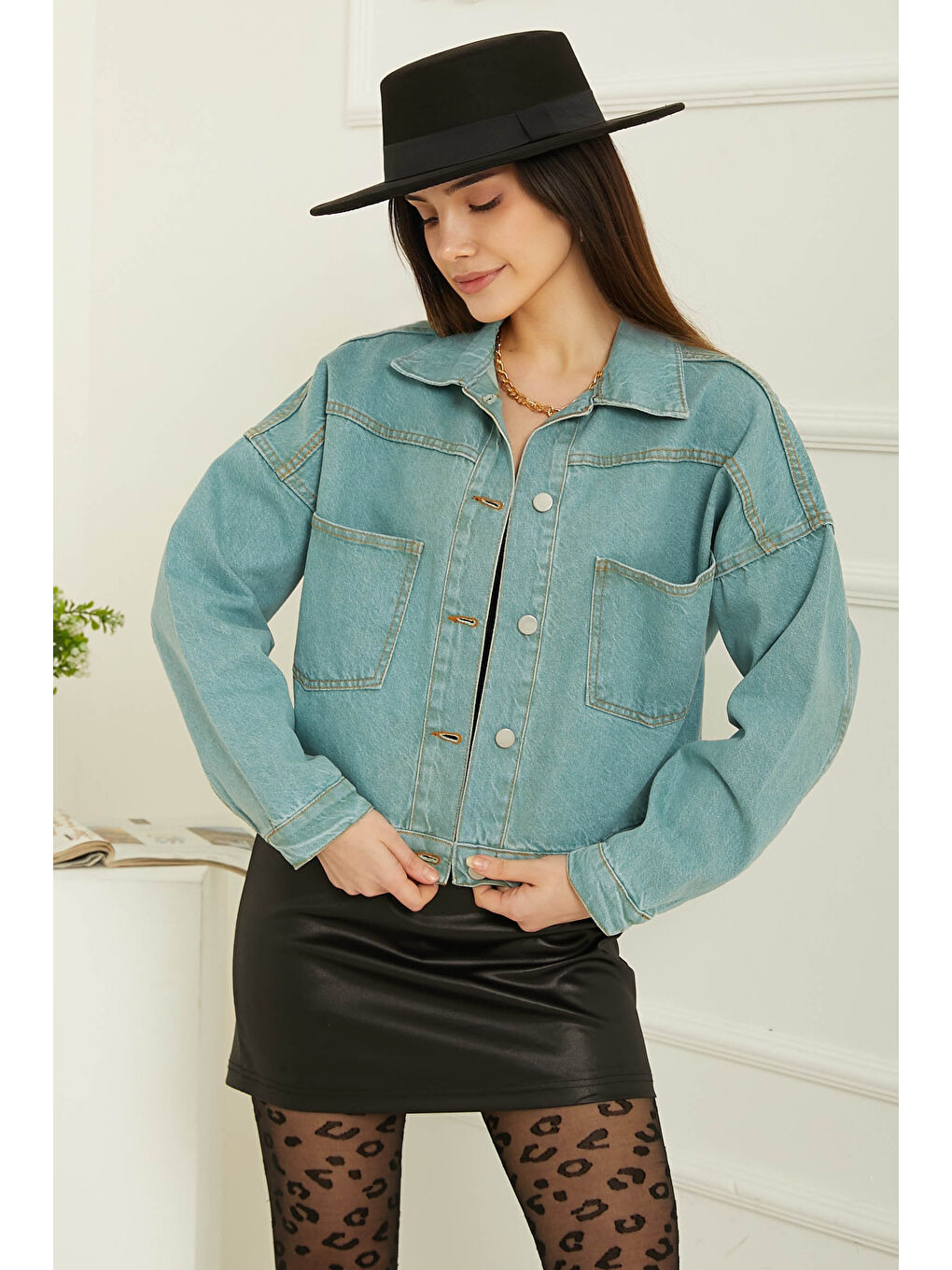 Kadın Çift Cepli Crop Jean Ceket Mavi Kar Yikama   26573-2