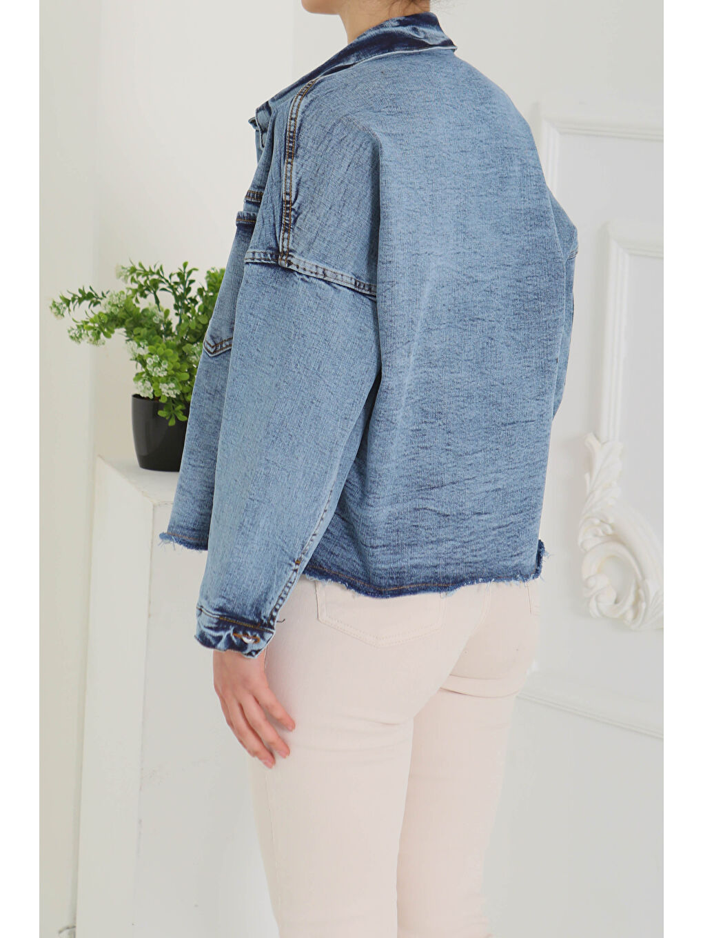 Kadın Oversize Püskül Detay Yaka Cep Jean Ceket Mavi   26580-5