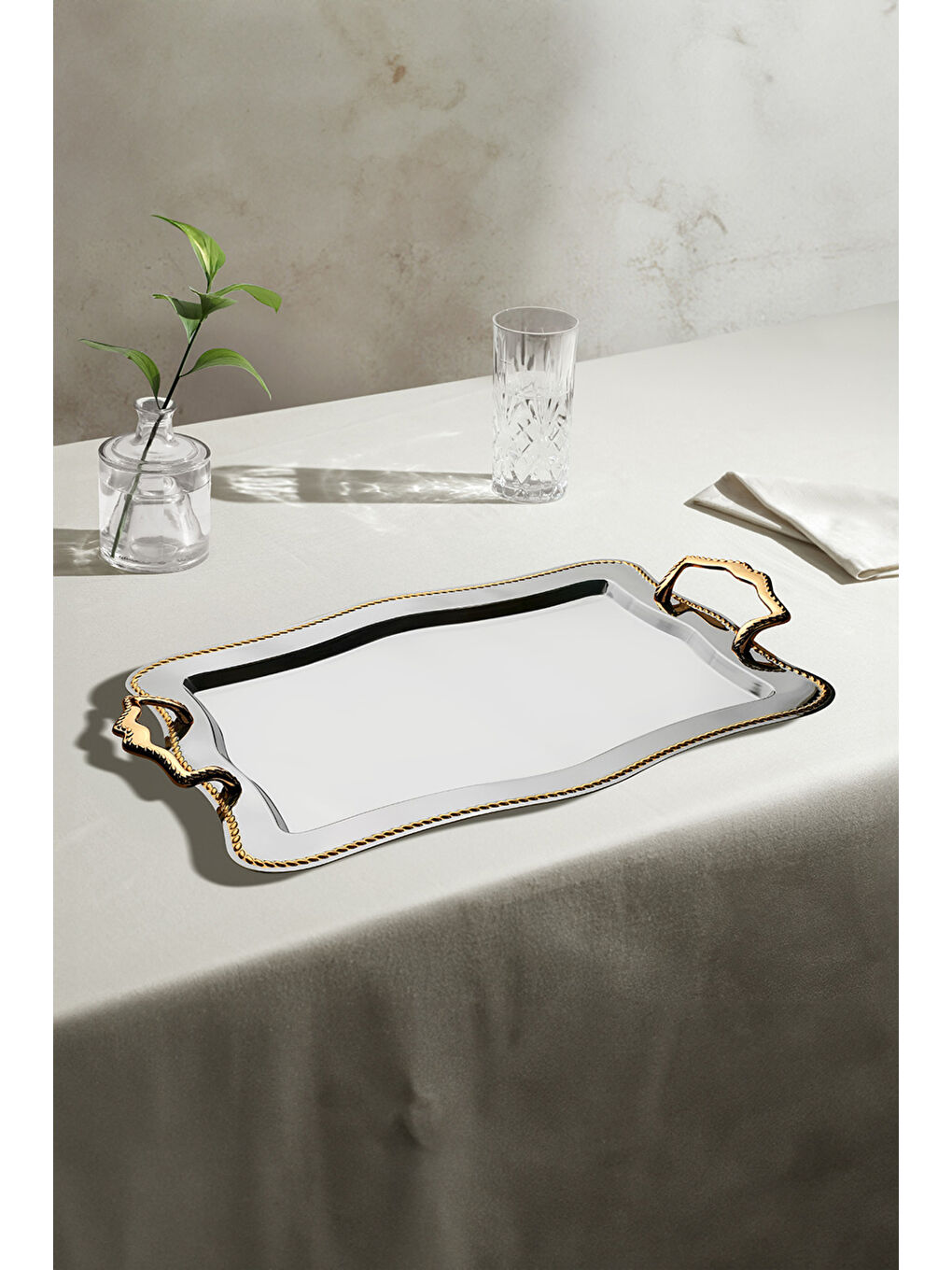 Sarı Zincir Altın Sade Çelik Çay Tepsi