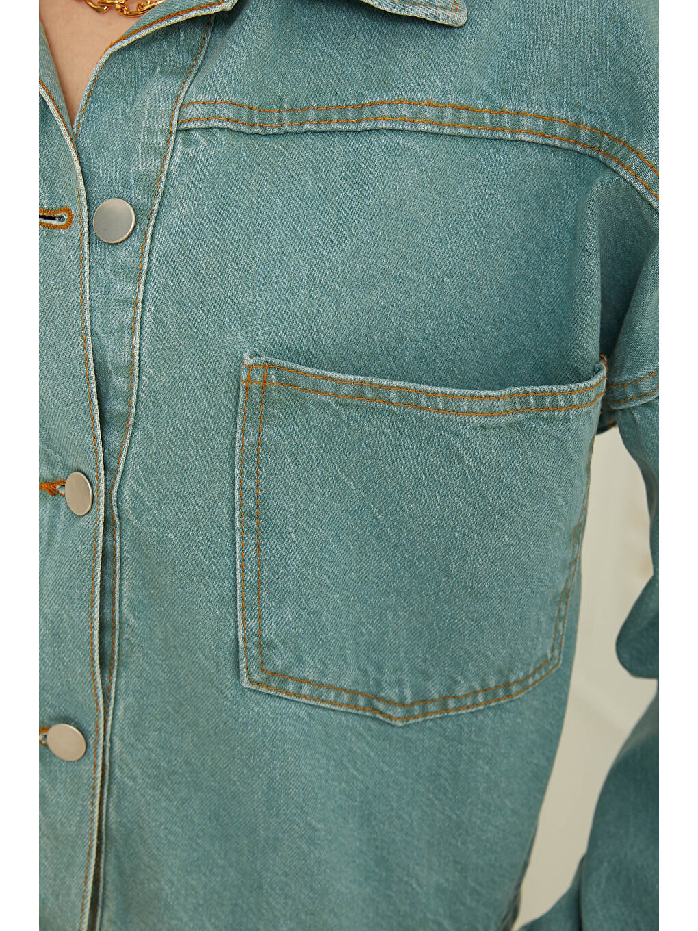 Kadın Çift Cepli Crop Jean Ceket Mavi Kar Yikama   26573-4