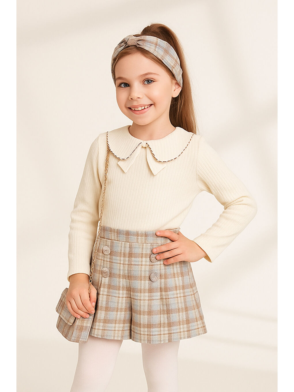 Ekru Kız Çocuk Fırfır Yakalı Bluz & Ekose Şort Etek 2 li Set Takım Ak4155-1