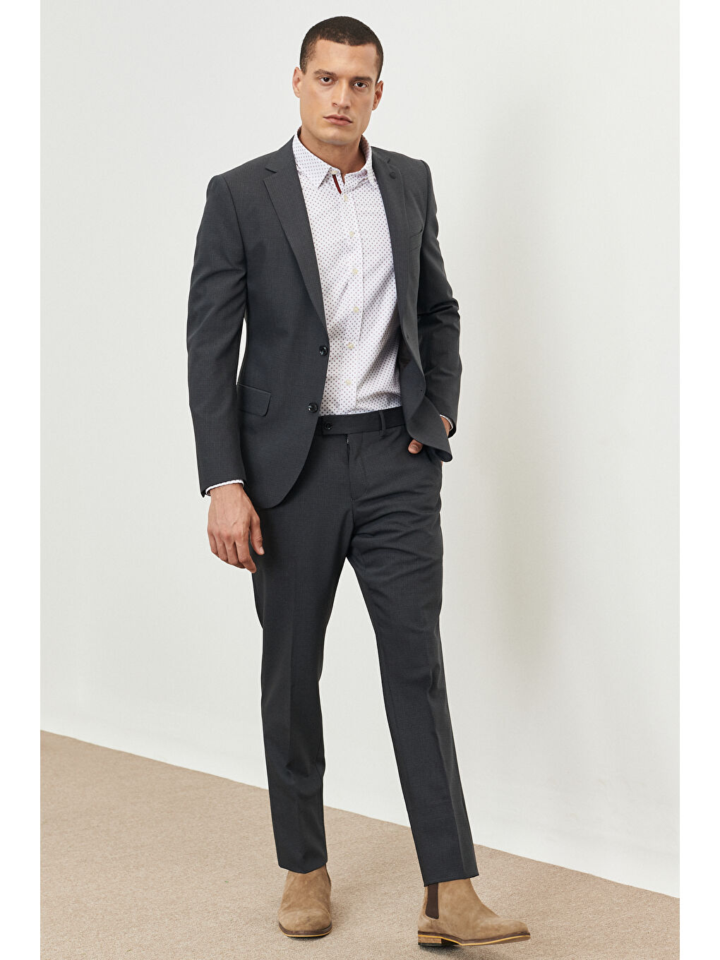 Erkek Koyu Gri Slim Fit Dar Kesim Mono Yaka Kareli Takım Elbise-1