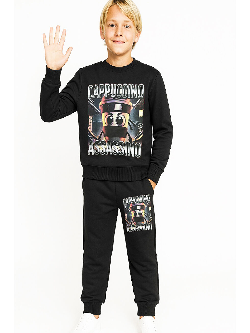 Siyah Erkek Çocuk 2 İplik Şardonsuz Alt-Üst Takım Dijital Baskılı 3-10 Yaş 12416