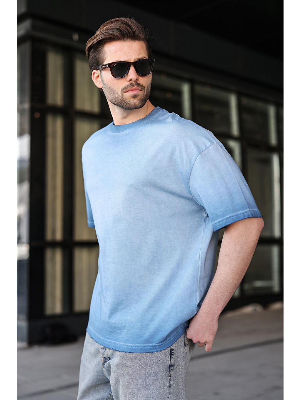 İndigo %100 Pamuklu Bisiklet Yaka Oversize Erkek Tişört E7177