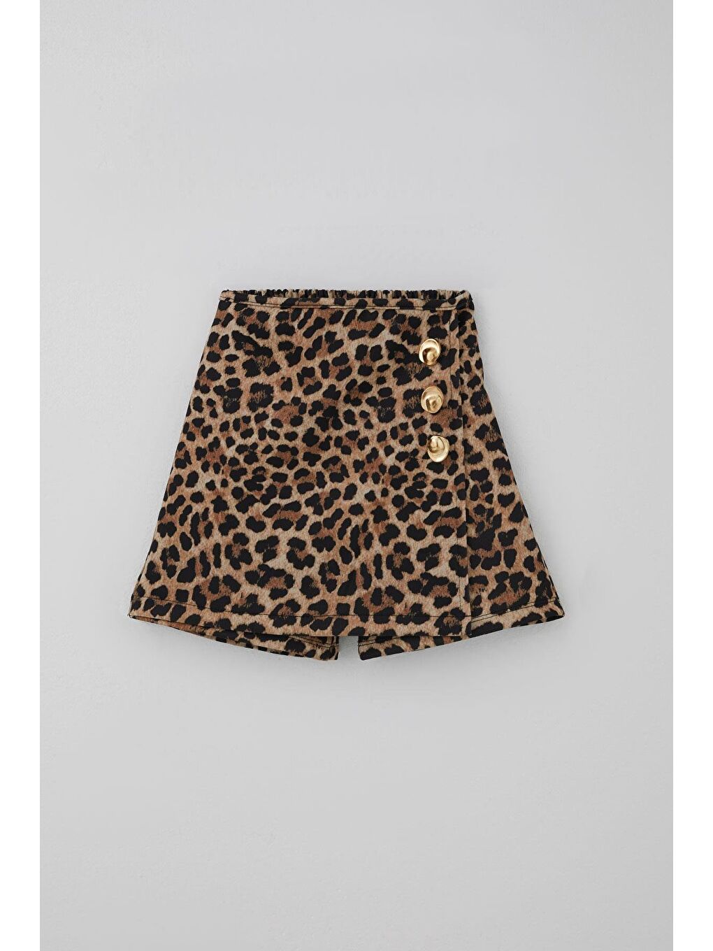 Kız Çocuk Şort Etek Leopar Desenli Düğme Aksesuarlı Kahverengi (6-12 Yaş)