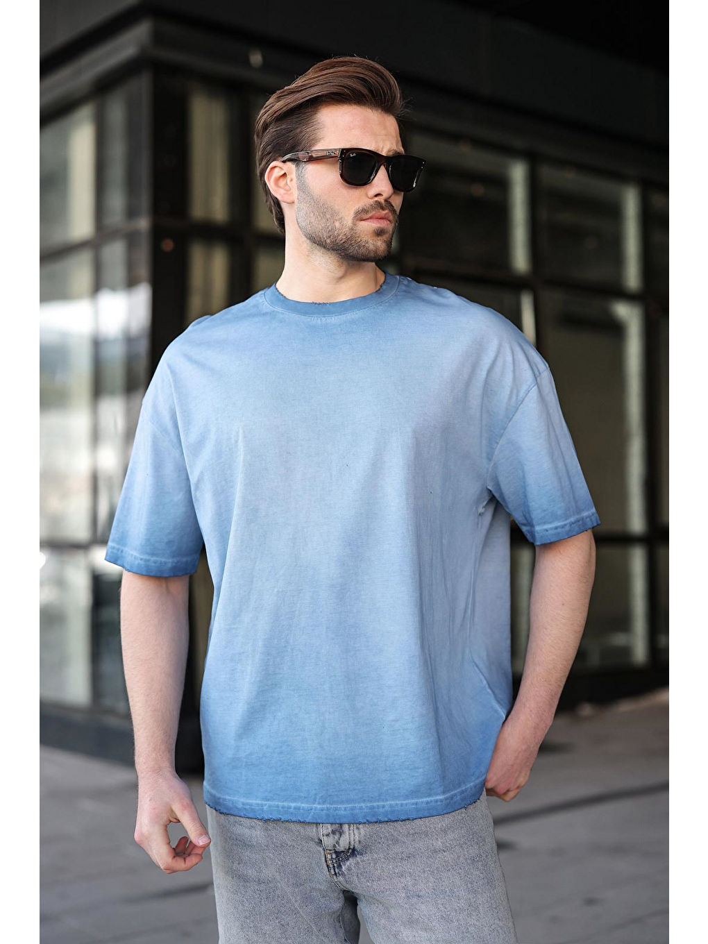 İndigo %100 Pamuklu Bisiklet Yaka Oversize Erkek Tişört E7177-1