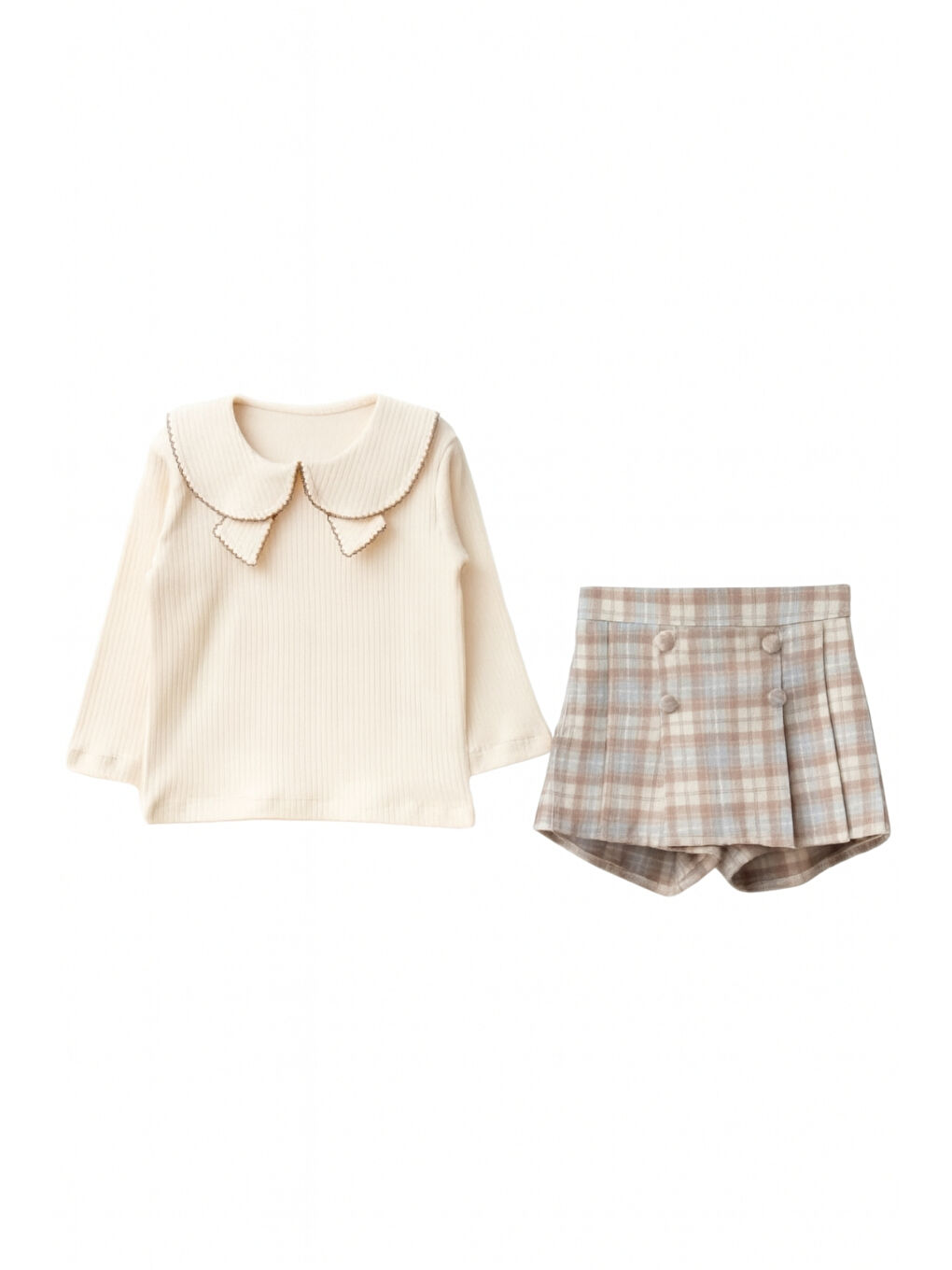 Ekru Kız Çocuk Fırfır Yakalı Bluz & Ekose Şort Etek 2 li Set Takım Ak4155-3