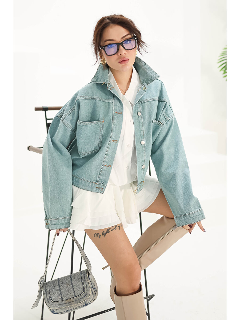 Yeşil Kadın Çift Cepli Crop Jean Ceket Mint   26573