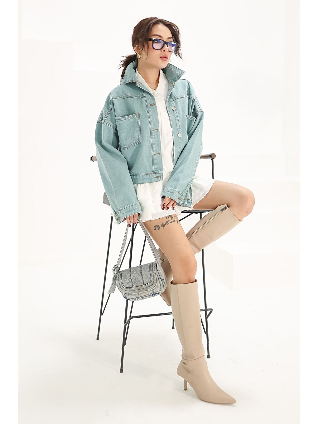 Yeşil Kadın Çift Cepli Crop Jean Ceket Mint   26573-1