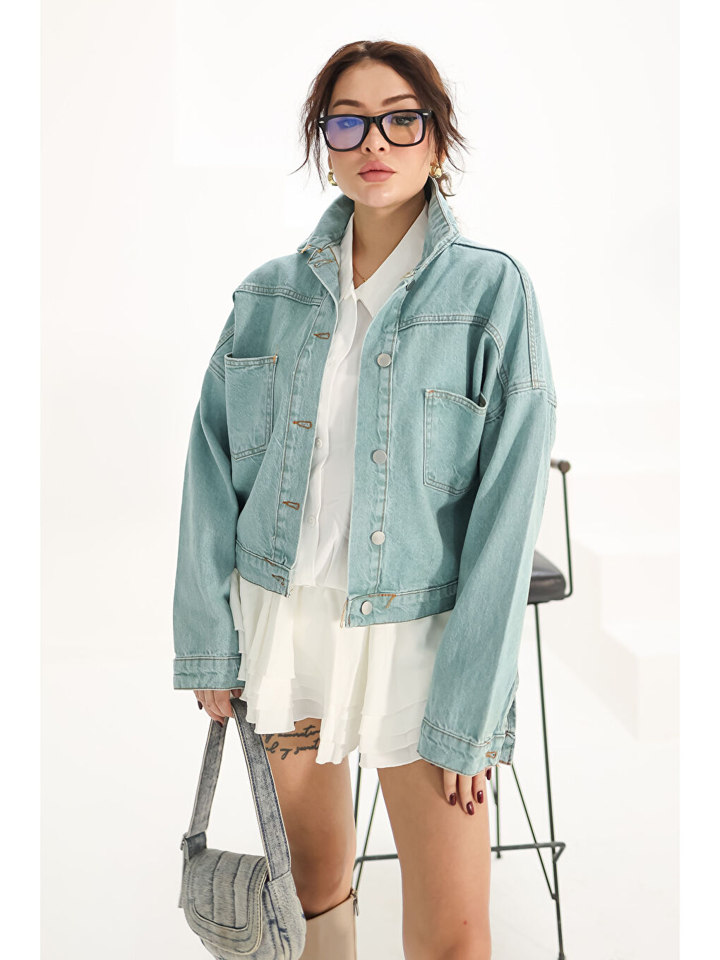 Yeşil Kadın Çift Cepli Crop Jean Ceket Mint   26573-2