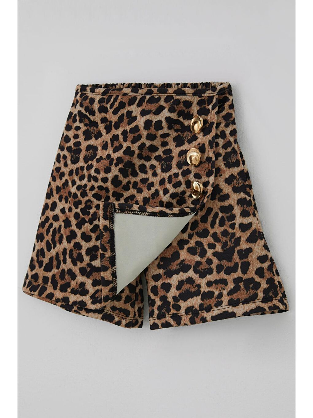 Kız Çocuk Şort Etek Leopar Desenli Düğme Aksesuarlı Kahverengi (6-12 Yaş)-2