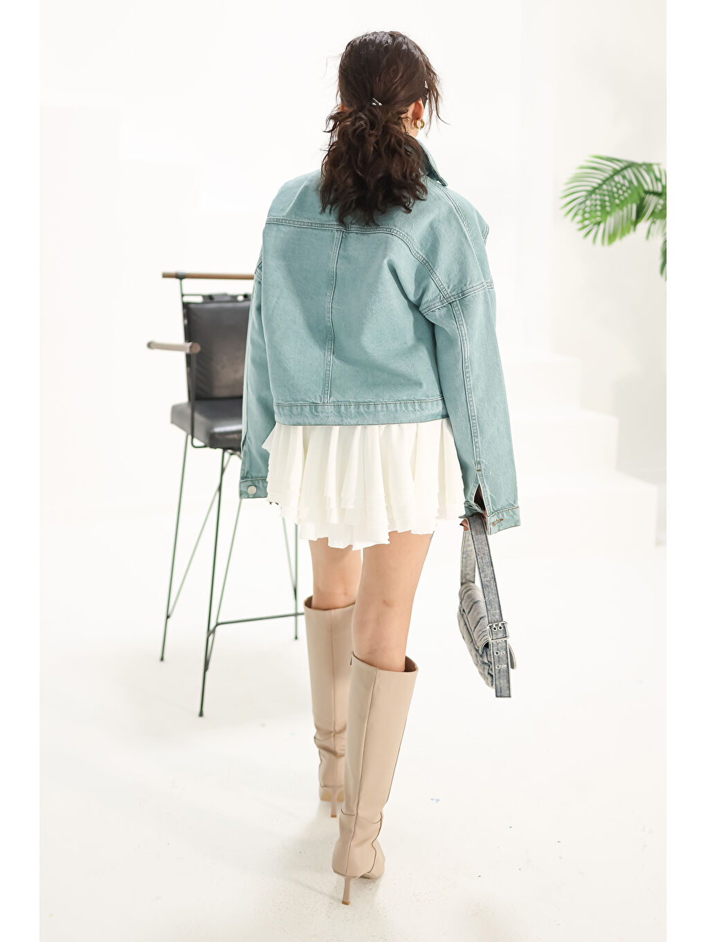 Yeşil Kadın Çift Cepli Crop Jean Ceket Mint   26573-3