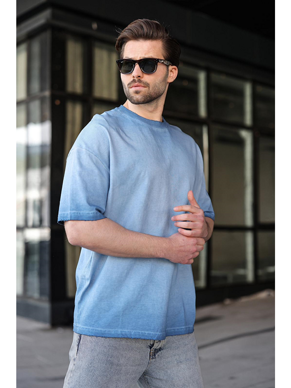 İndigo %100 Pamuklu Bisiklet Yaka Oversize Erkek Tişört E7177-4