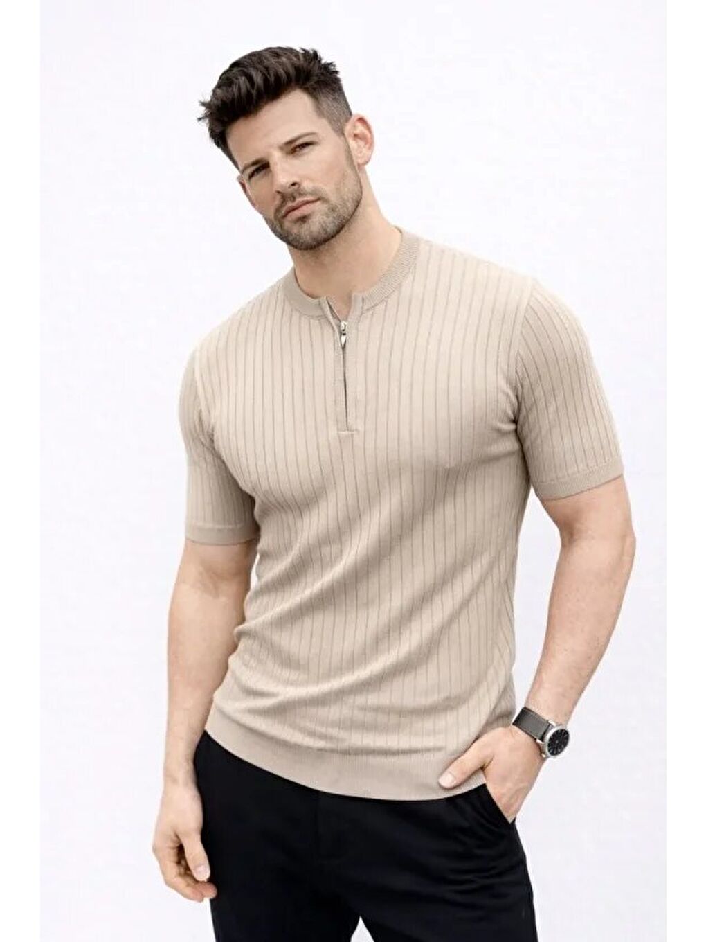 Bej Erkek Kısa Kol Fitilli Triko Tişört