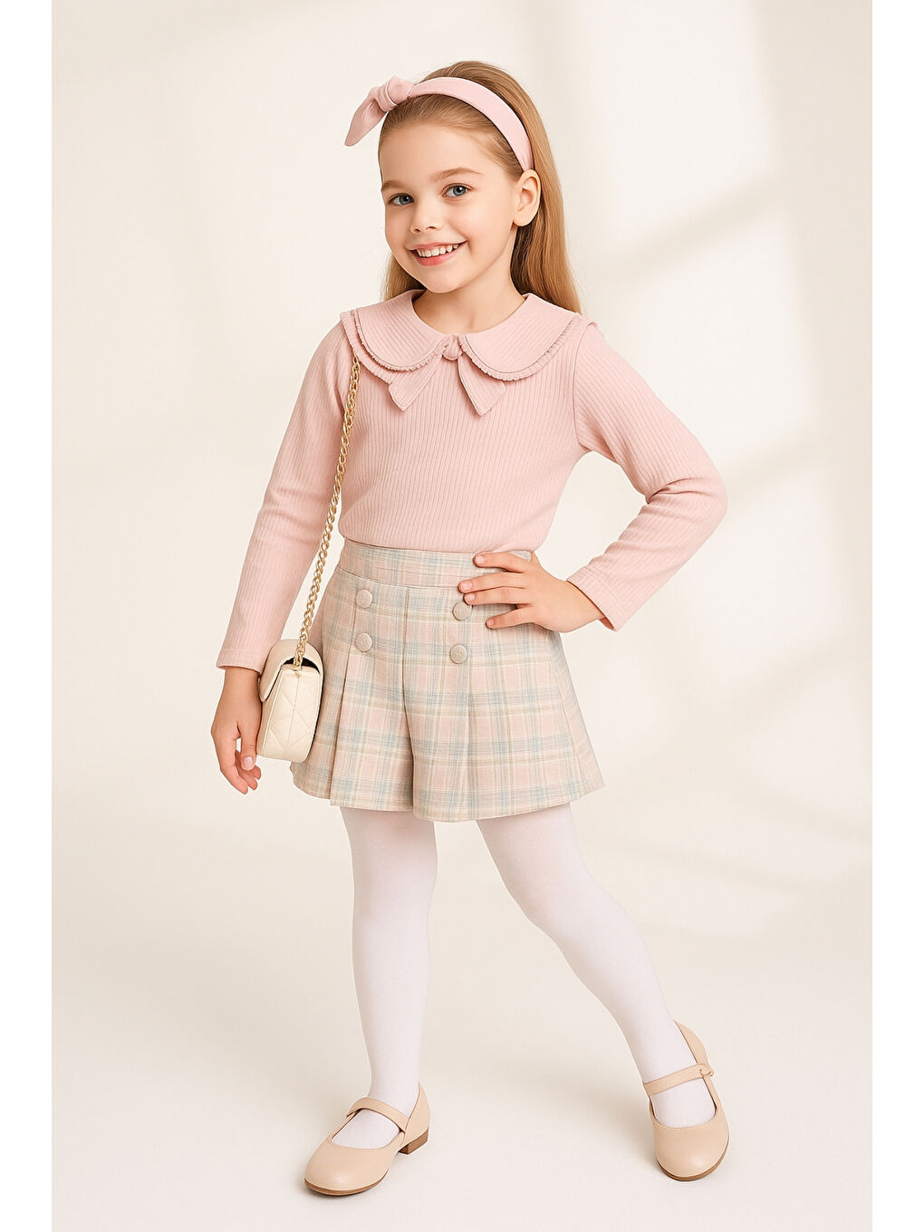 Pembe Kız Çocuk Fırfır Yakalı Bluz & Ekose Şort Etek 2 li Set Takım Ak4155