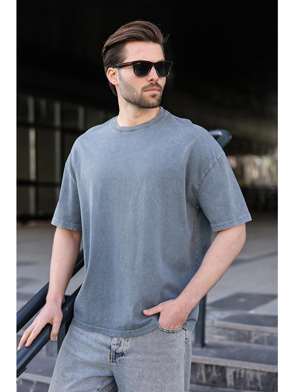 Gri %100 Pamuklu Oversize Erkek Tişört E7178