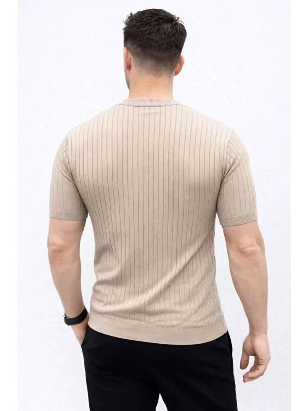 Bej Erkek Kısa Kol Fitilli Triko Tişört-1