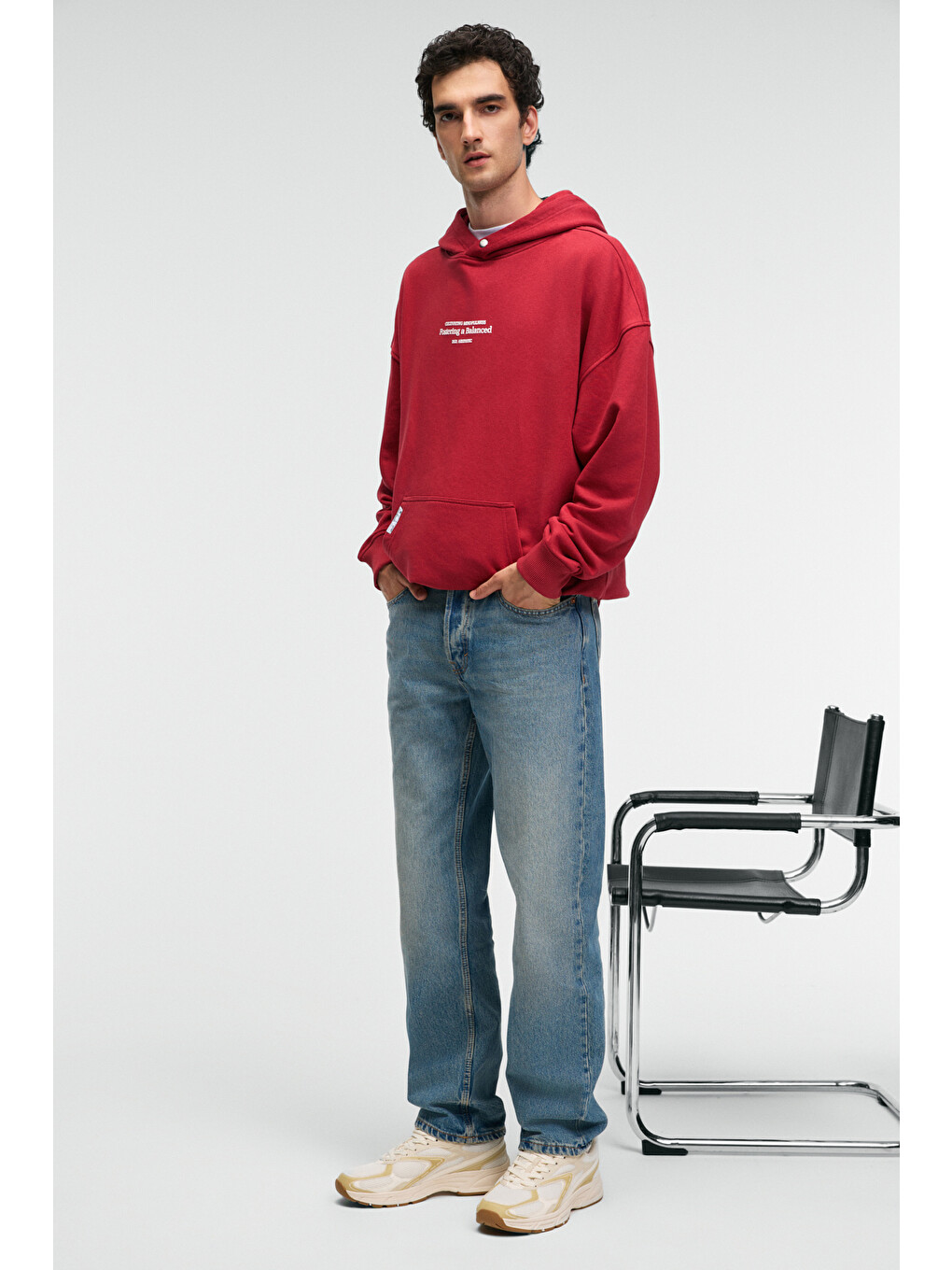 Clay Erkek %100 Pamuk Kapüşonlu Çıtçıtlı Baskılı Cebi Süs Etiketli Kırmızı Sweatshirt-2