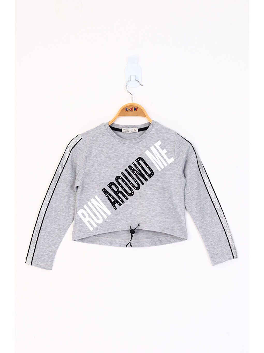 Gri Kız Çocuk Kolları Şeritli Tişört