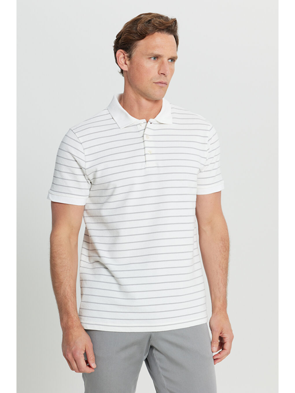 Erkek Beyaz-Gri Pamuklu Slim Fit Dar Kesim Polo Yaka Tişört-2