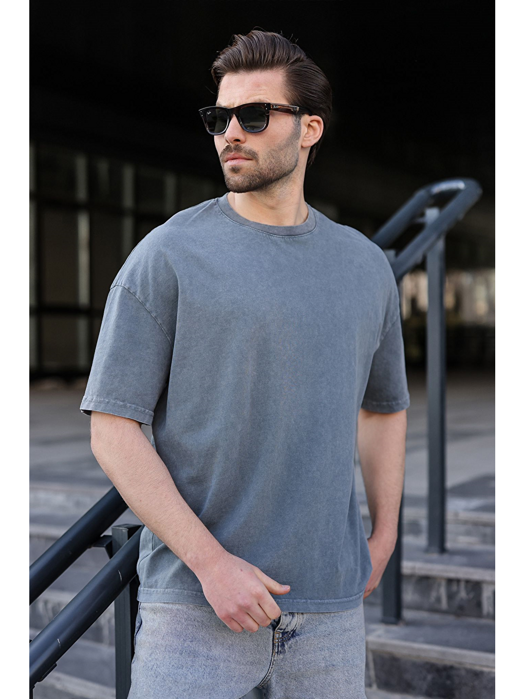 Gri %100 Pamuklu Oversize Erkek Tişört E7178-1