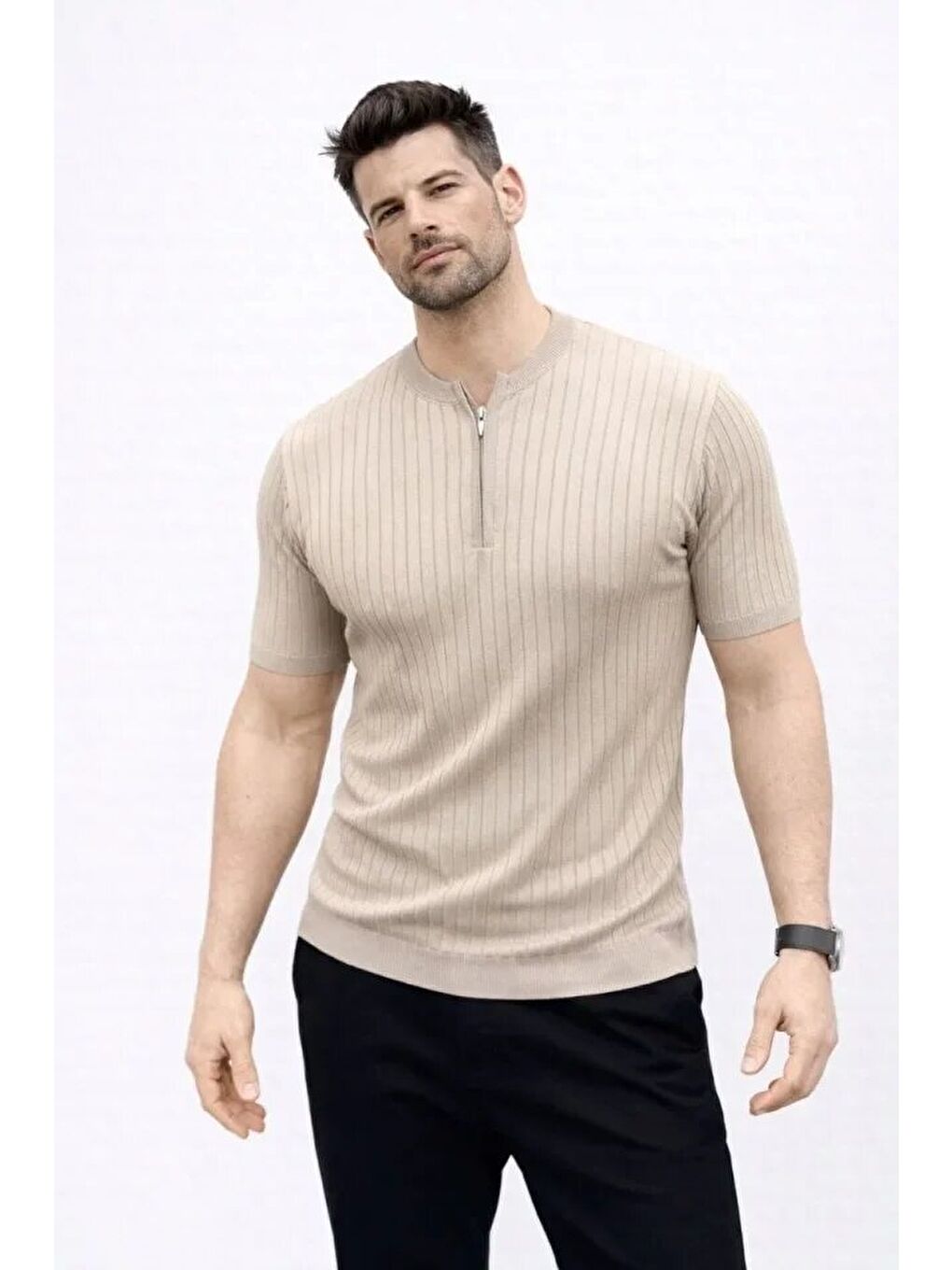 Bej Erkek Kısa Kol Fitilli Triko Tişört-2