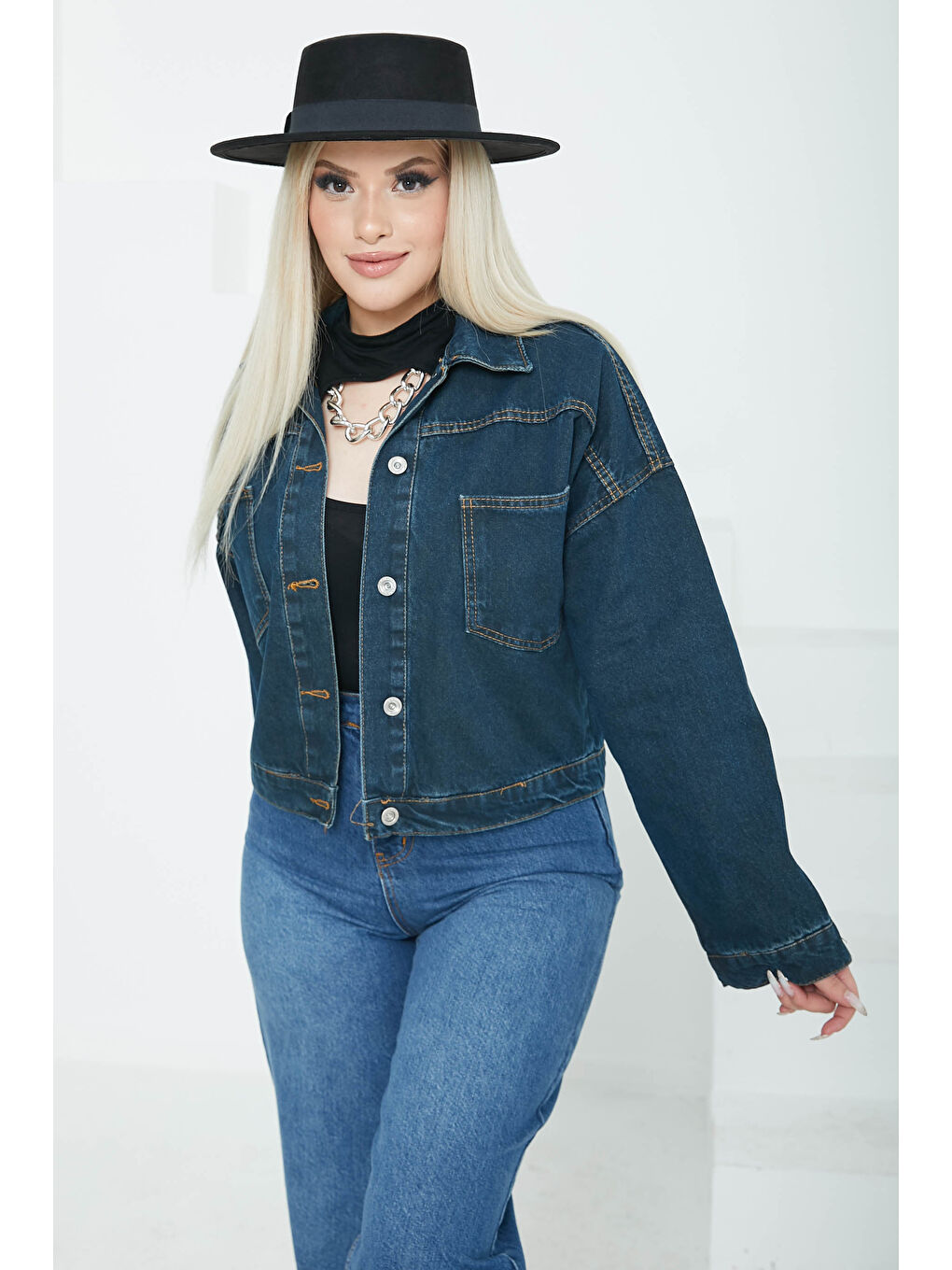 Kadın Çift Cepli Crop Jean Ceket Koyu Mavi   26573