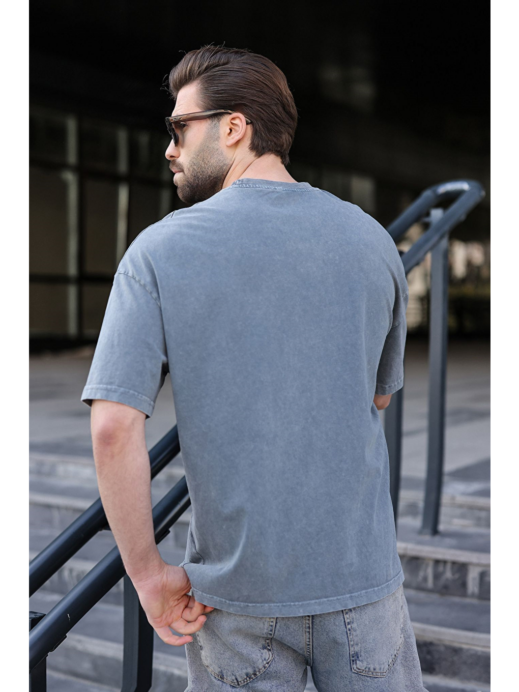 Gri %100 Pamuklu Oversize Erkek Tişört E7178-3